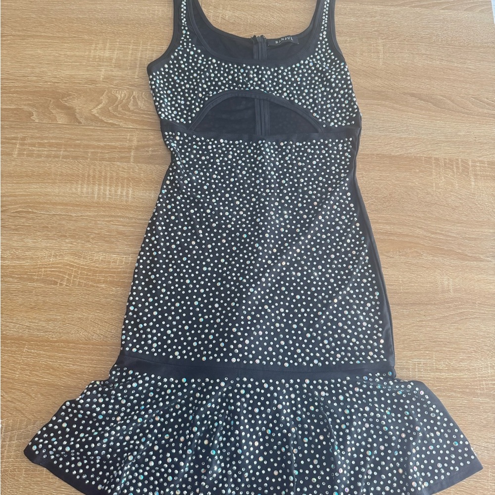 NWOT Banjul Black Mini Dress with Silver Polka Dots